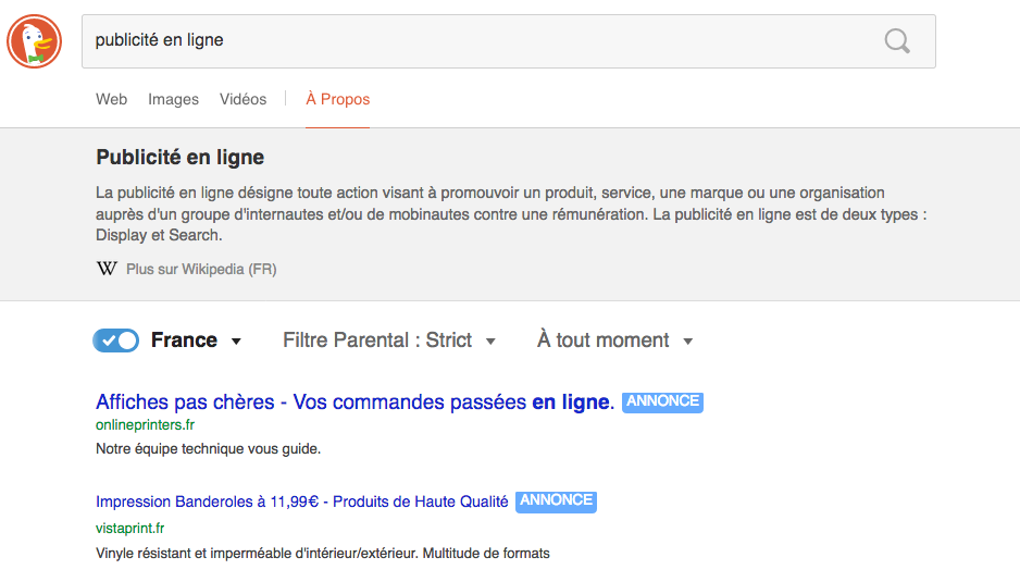 Résultats de recherche sur les mots-clés "publicité en ligne" chez DuckDuckGo