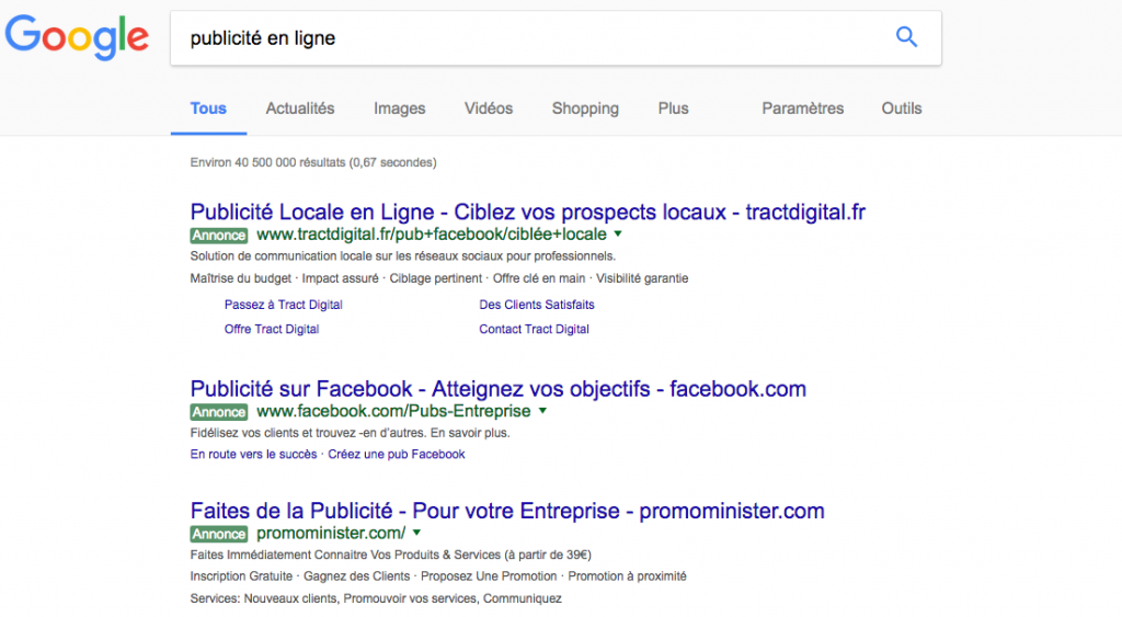 Résultats de recherche sur les mots-clés "publicité en ligne" chez Google