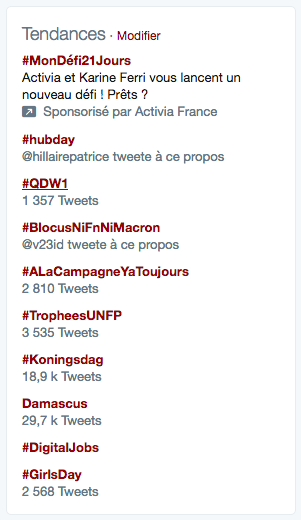 Hashtags constituant les "tendances" du moment sur Twitter