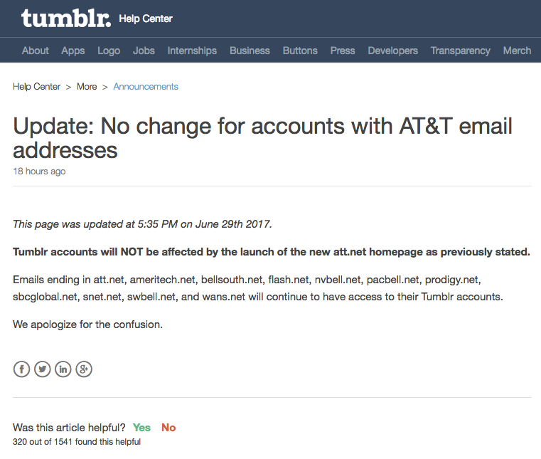 Mise à jour du "help center" de Tumblr après l'annonce erronée