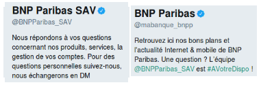 Deux comptes Twitter de la BNP : l'un consacré à la communication institutionnelle et l'autre au SAV.