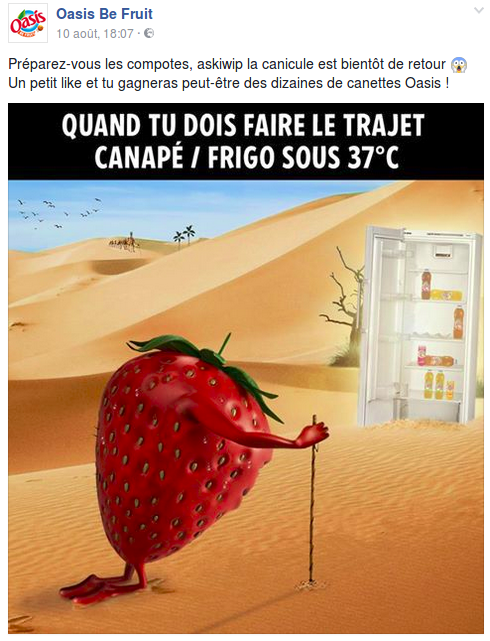 Un exemple de publication Facebook de la page "Oasis be fruit"