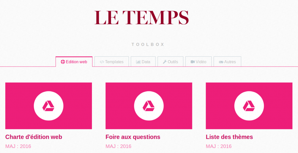 La home page de la boîte à outils d'édition numérique du journal suisse Le Temps.