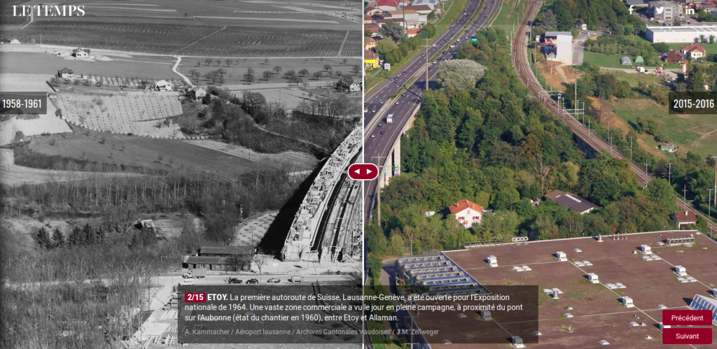 Un exemple de "slider" avant / après du journal Le Temps. Ici, ce format montre l'évolution urbanistique d'un canton suisse.