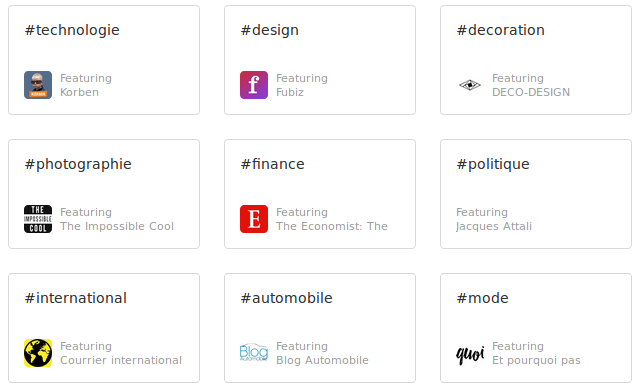 Quelques thématiques proposées par Feedly lors de l'inscription : technologie, design, décoration, photographie, finance...