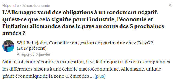 Illustration d'une question / réponse sur Quora : un internaute pose une question concernant l'émission d'obligations financières de l'Allemagne.