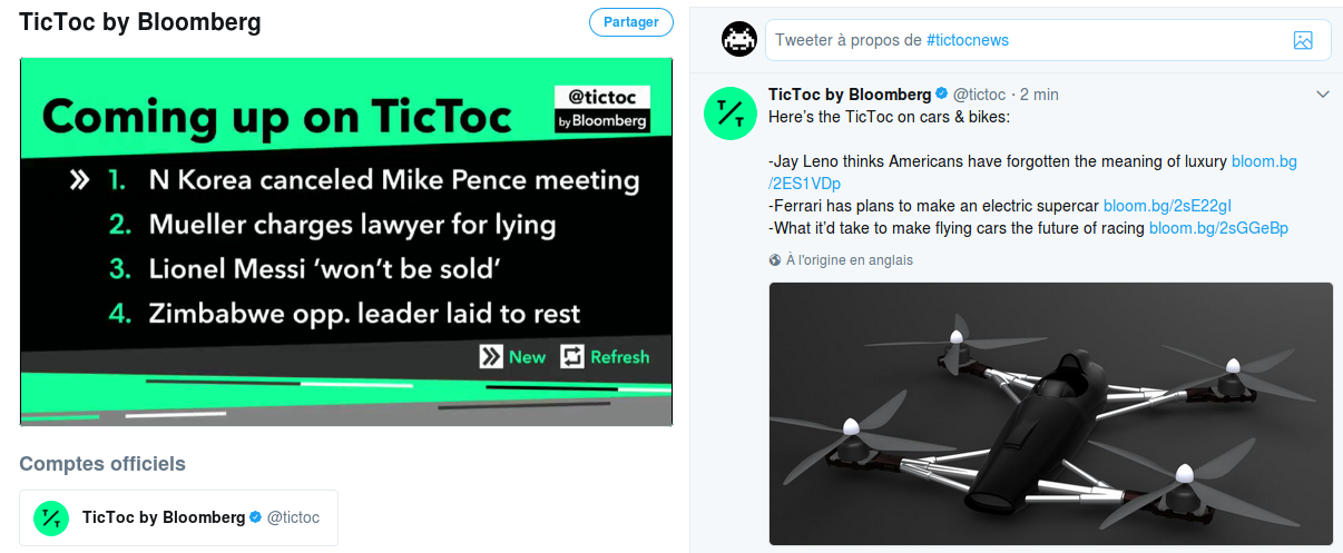 Une capture d'écran du flux vidéo de Bloomberg. A gauche, la vidéo en continu. A droite, le flux Twitter de TicToc, la WebTV Twitter de Bloomberg.