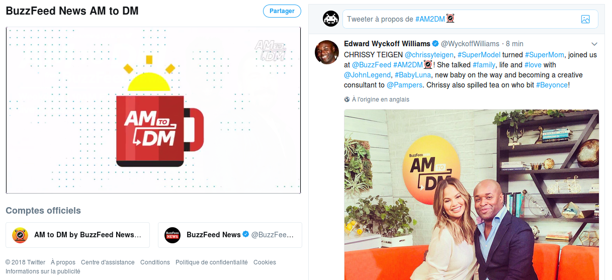 Capture d'écran du flux vidéo de l'émission Twitter de Buzzfeed : "AM to DM"