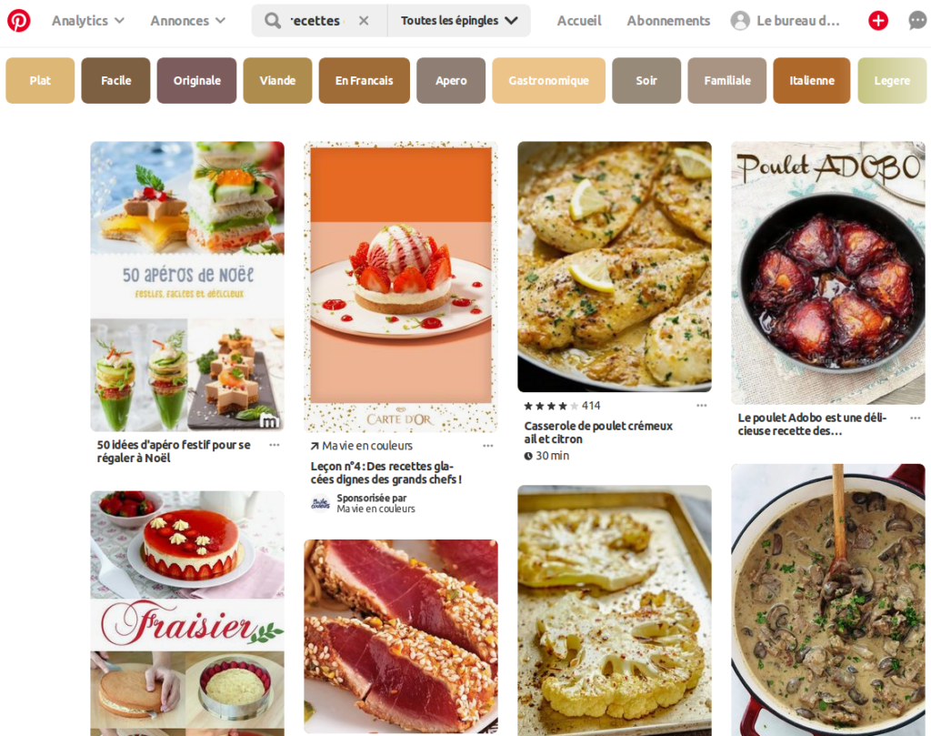 Un exemple de contenus de cuisine publiés sur Pinterest. 