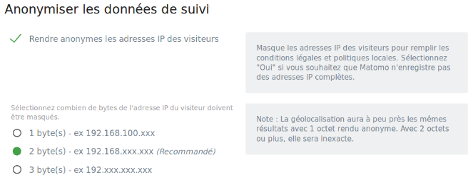 Capture d'écran du paramétrage de Matomo : possibilité d'anonymiser les données d'un simple clic.