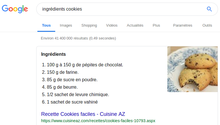 Un exemple de ce que donne les balises de données structurées : un extrait d'une page web expliquant comment cuisiner des cookies.