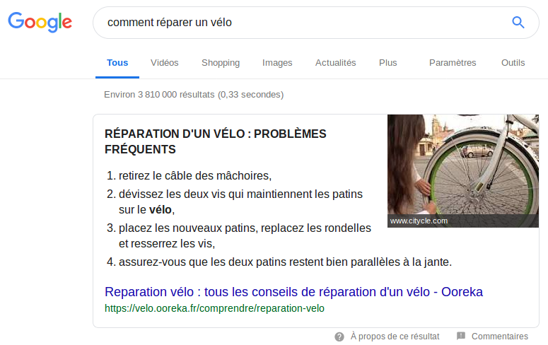 Un extrait optimisé d'une page web : à la requête "comment réparer un vélo", Google présente, directement dans ses résultat, un extait d'une page web censée répondre au besoin de l'internaute.