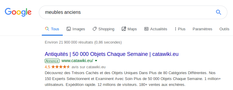 Exemple d'annonces Google : des résultats en 1ère position contre un paiement à Google.