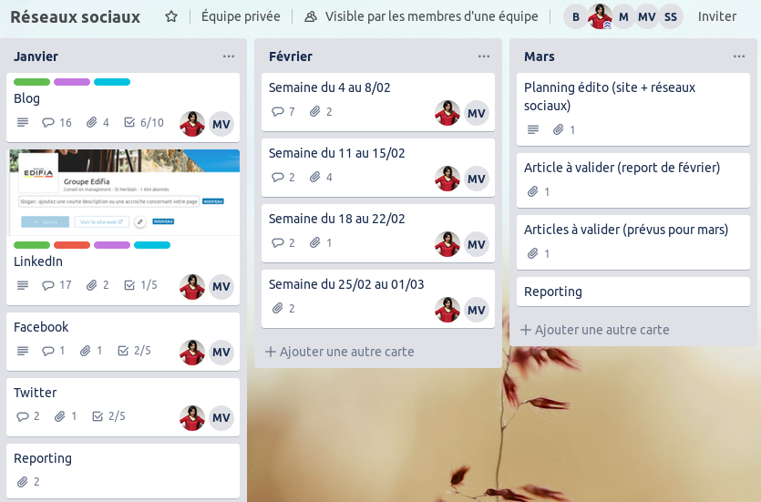 Le "Trello" d'EDIFIA. Tous les réseaux sociaux mobilisés pour le community management y sont renseignés afin d'organiser le travail.