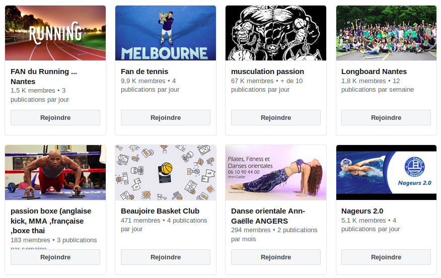 Un exemple de groupes Facebook consacrés au sport.