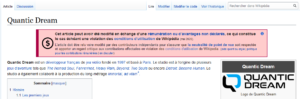 Page Wikipedia de Quantic Dream, soupçonnée d'avoir été caviardée