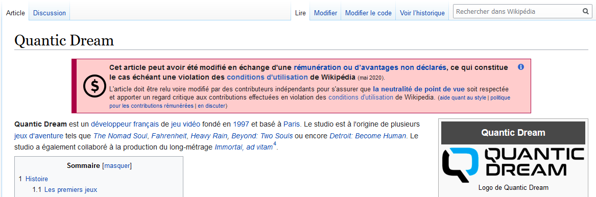 Page Wikipedia de Quantic Dream, soupçonnée d'avoir été caviardée