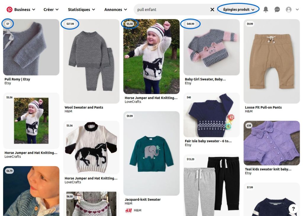 Capture d'écran de Pinterest montrant des épingles qui présentent des produits. Le prix de ces produits est affiché sur chaque épingle.