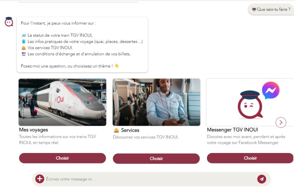 capture d'écran du chatbot de la SNCF "Bot TGV INOUI"