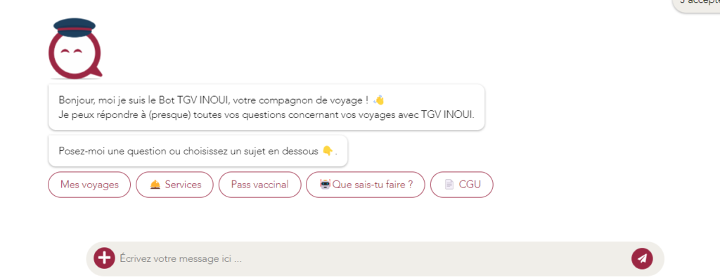 capture d'écran du chatbot de la SNCF "Bot TGV INOUI"