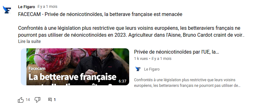 Exemple de publication du journal Le Figaro dans l'onglet Communauté de la chaîne YouTube du journal.