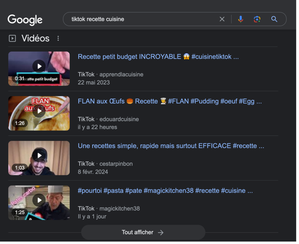 Google référence des vidéos de recettes de cuisine publiées sur TikTok. La boucle du search est bouclée !